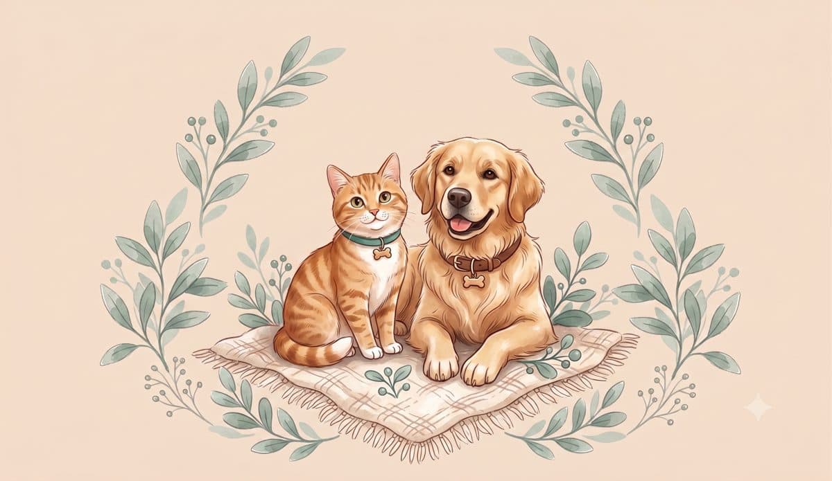 Cat and dog sitting together on a blanket